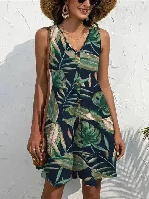 Printed V-Neck Mini Dress – Sleeveless & Button Detail - Femstylo
