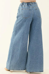 Dusk Blue Medium Wash Drawstring Waist Wide Leg Jeans - Femstylo
