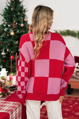 Fiery Red Colorblock Plaid Button Knit Cardigan