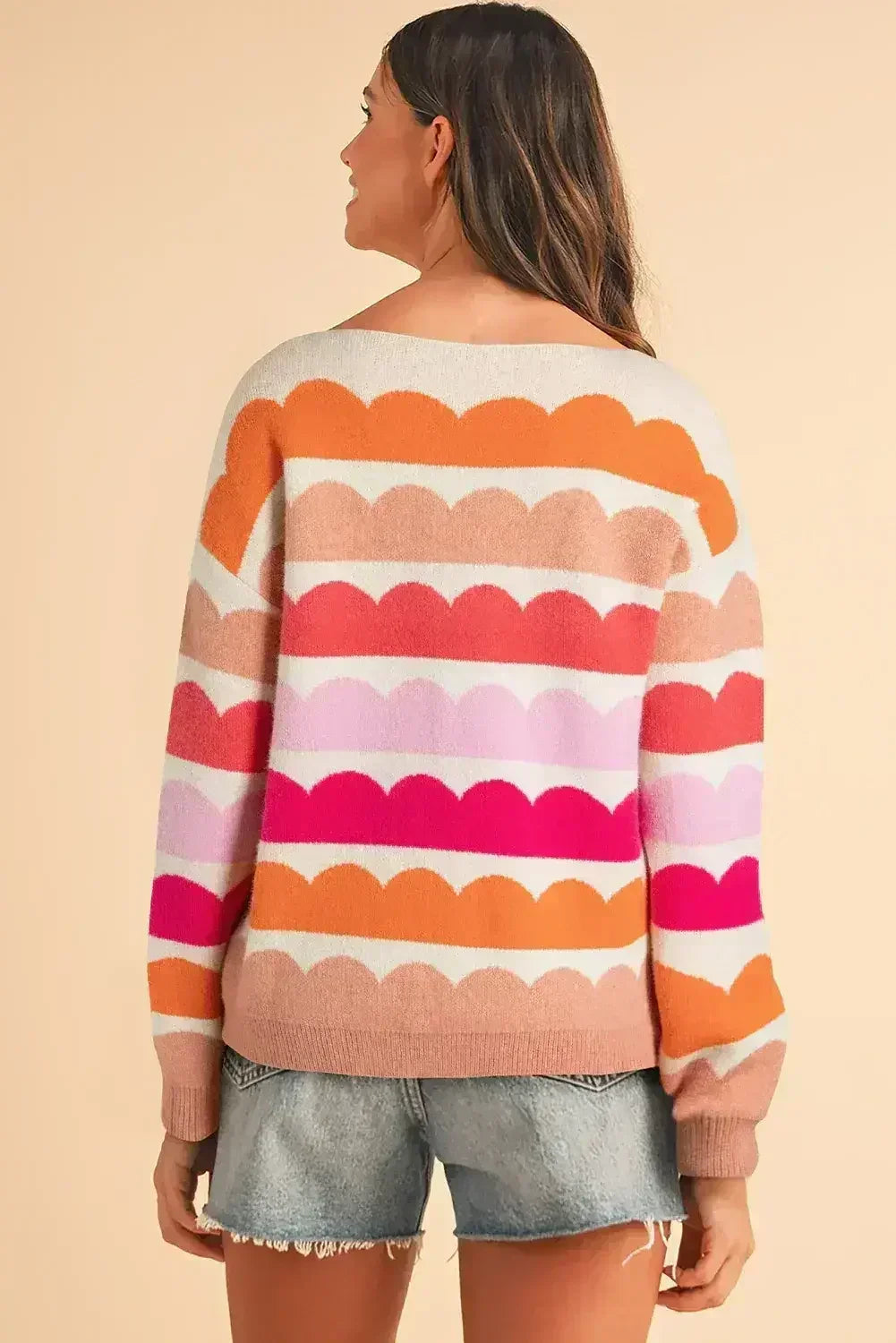 Yellow Wave Striped Balloon Sleeve Drop Shoulder Sweater - Femstylo