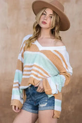 Multicolor Colorblock Stripe V Neck Split Sweater - Femstylo