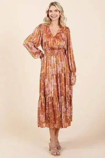 Mittoshop Flower Print Satin Lurex Stripe Smocked Midi Dress - Femstylo