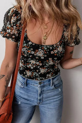Black Floral Print U Neck Short Puff Sleeve Bodysuit - Femstylo