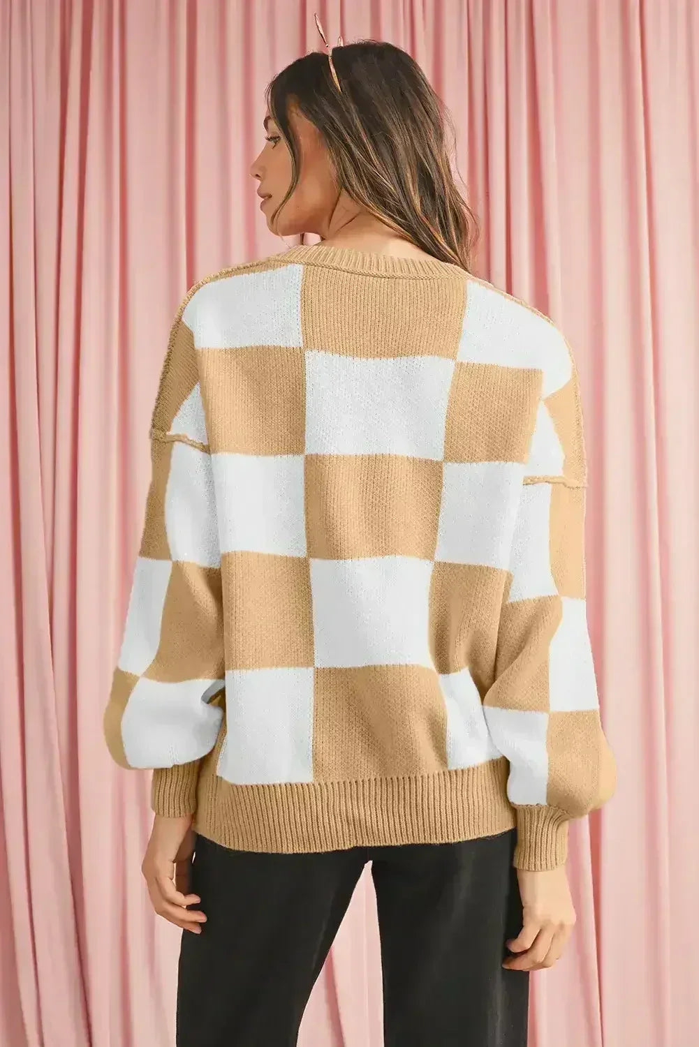 Green Checkered Bishop Sleeve Pullover Sweater - Femstylo