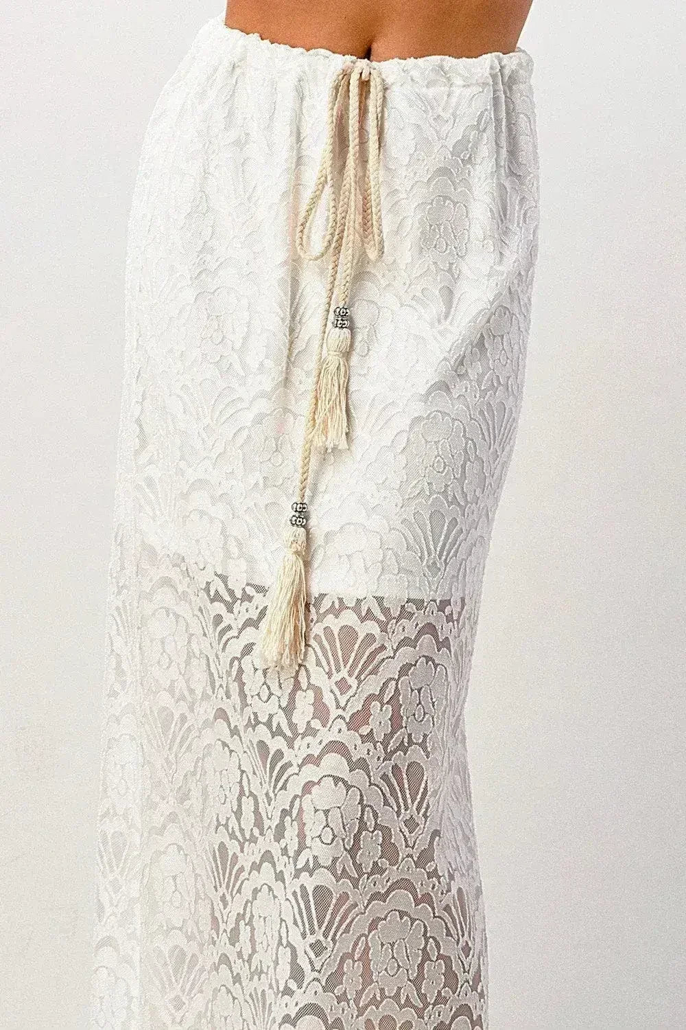 Sheer Lace Maxi Skirt with Drawstring Waist - Femstylo