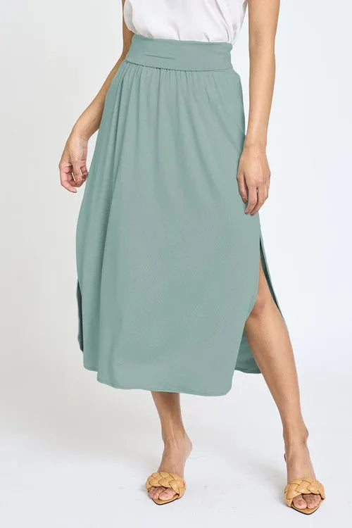 Solid Side Slit Midi Skirt – Made in USA with High Slit