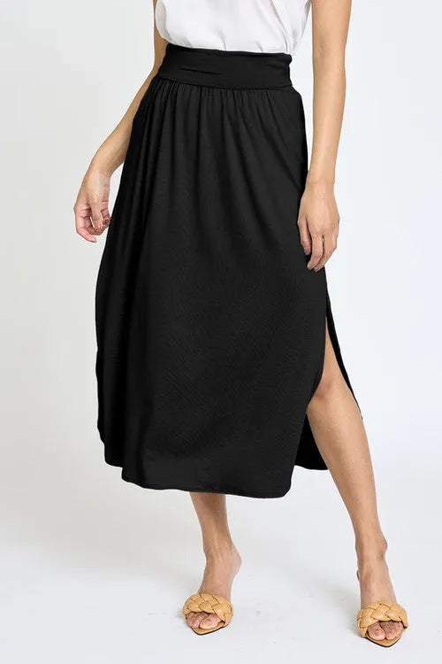 Solid Side Slit Midi Skirt – Made in USA with High Slit