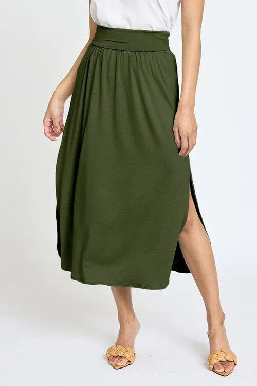 Solid Side Slit Midi Skirt – Made in USA with High Slit
