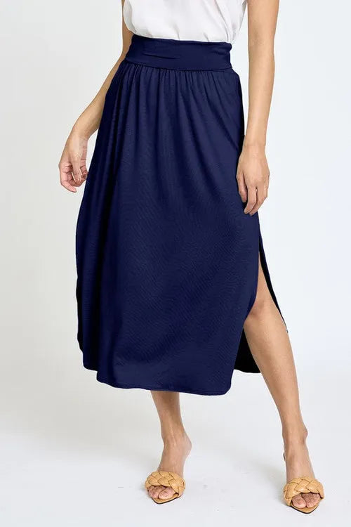Solid Side Slit Midi Skirt – Made in USA with High Slit