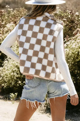Khaki Checkered Sherpa Collared Jacket Vest - Femstylo
