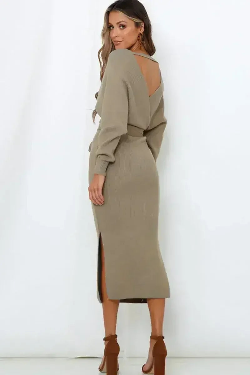 Surplice Neck Bow Waist Slit Sweater Dress - Femstylo