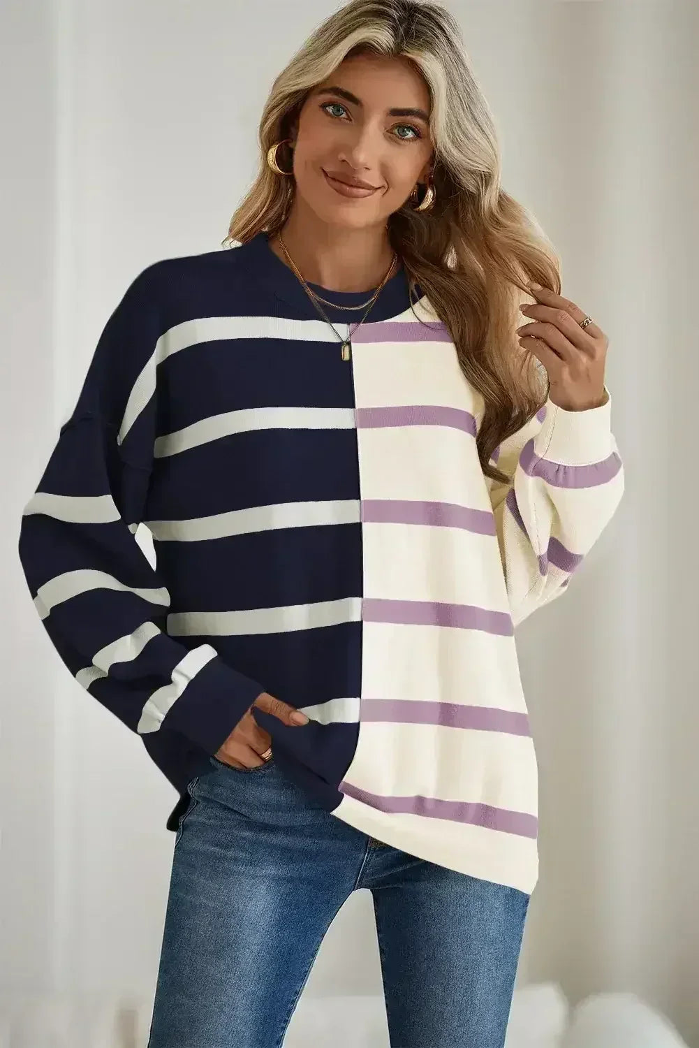 Pink Striped Patchwork Drop Shoulder Sweater - Femstylo