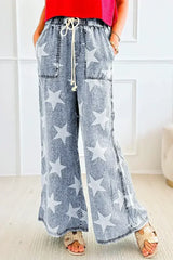 Light Blue Star Print Light Wash Drawstring High Waist Wide Leg Jeans - Femstylo