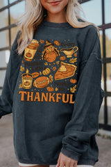 Dark Grey Twisted Ribbed THANKFUL Fall Fashion Heat Transfer Printing Baggy Sweatshirt