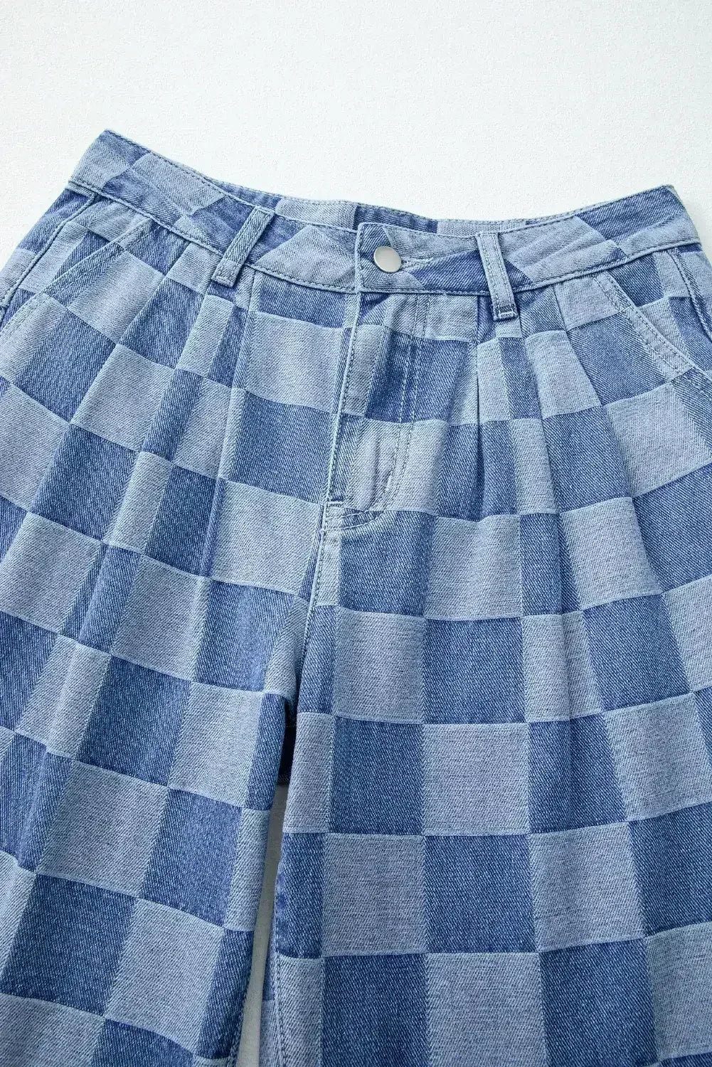 Dusk Blue Checkered Light Washed Wide Leg Jeans - Femstylo