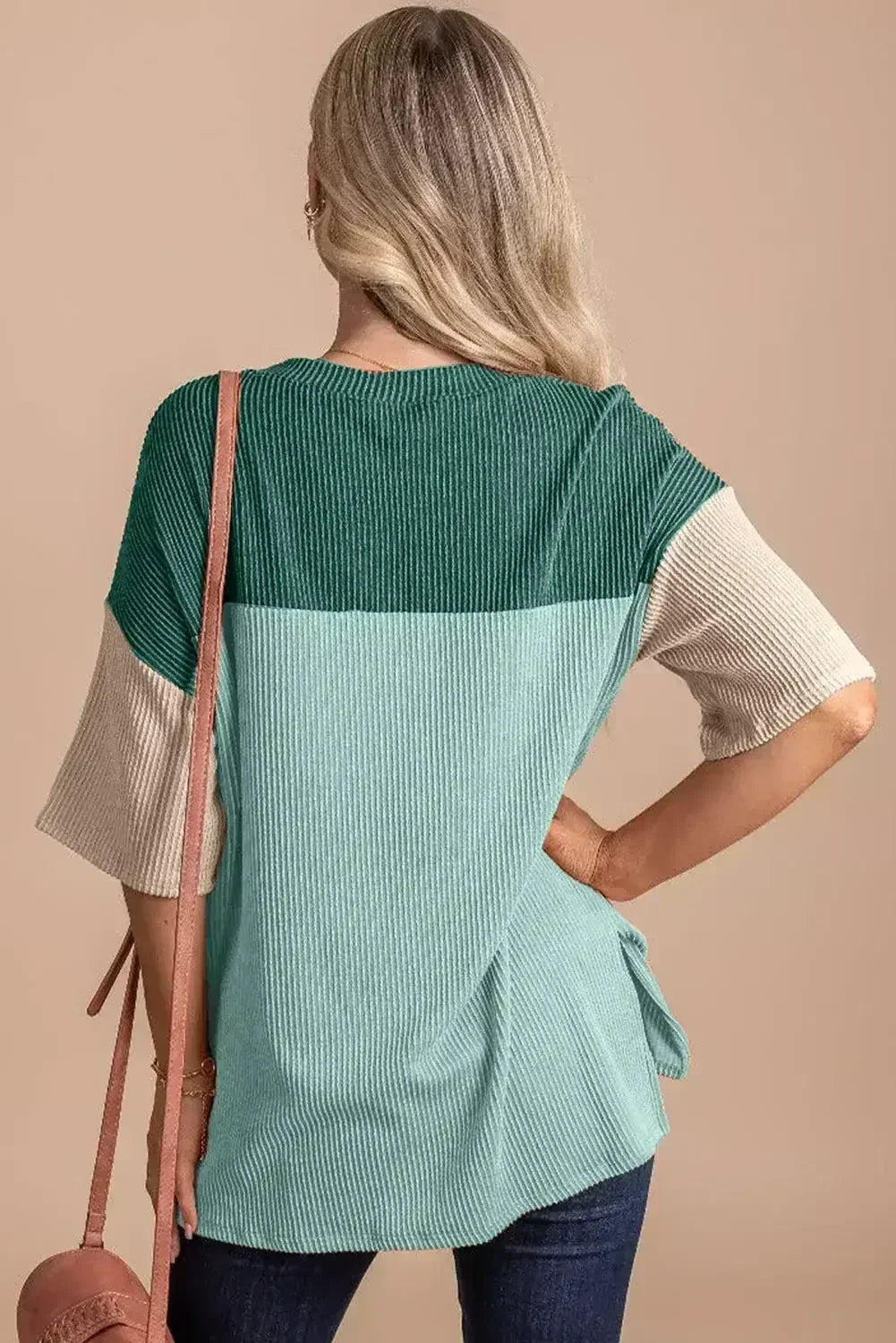 Black Color Block Ribbed Side Slits Half Sleeve Top - Femstylo