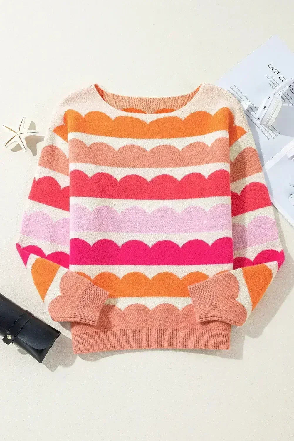 Yellow Wave Striped Balloon Sleeve Drop Shoulder Sweater - Femstylo