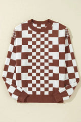 Brown Checkered Print Drop Shoulder Round Neck Sweater - Femstylo