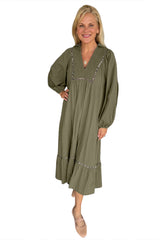 Green Collared V Neck Smocked Detail Contrast Leopard Trim Long Dress