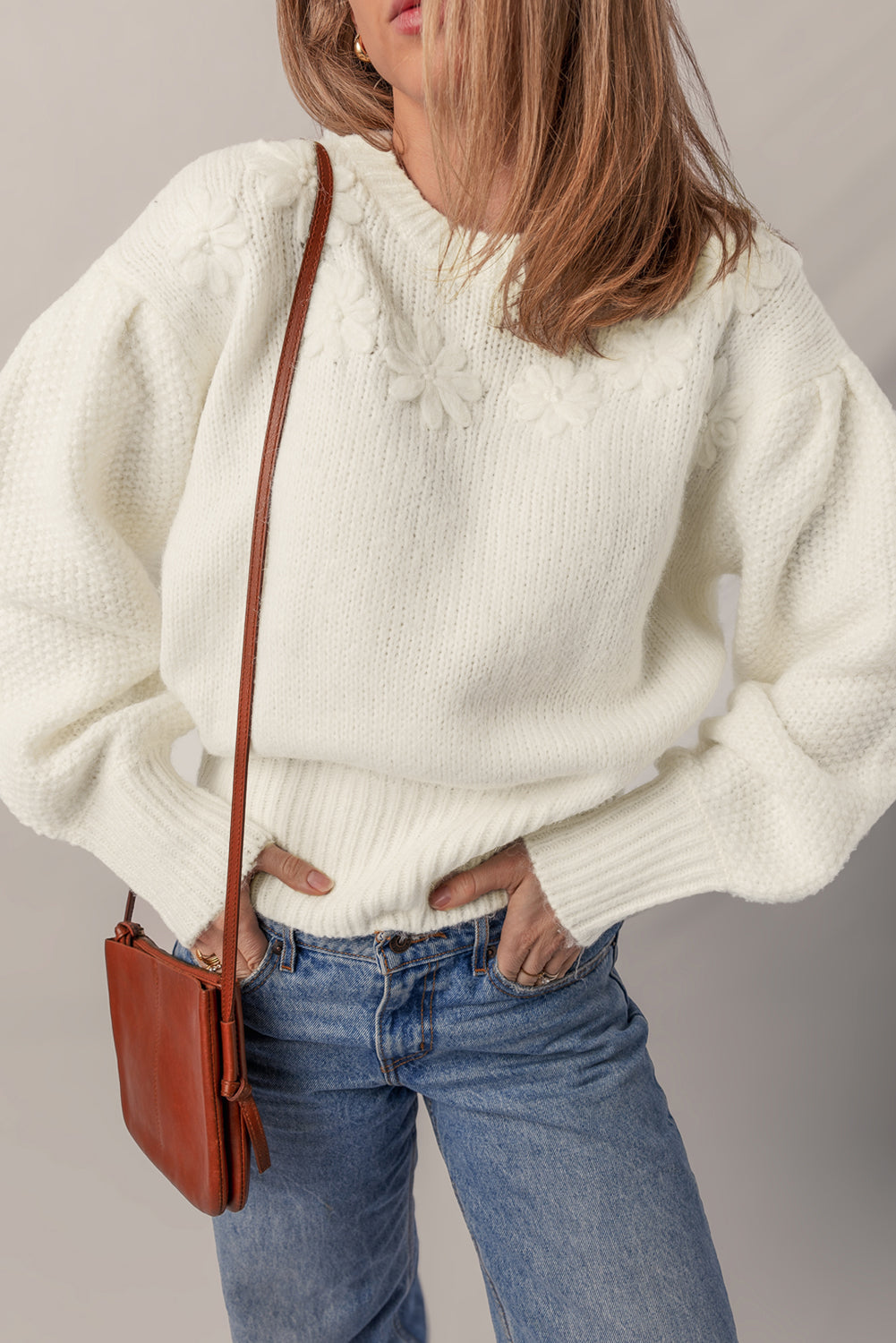 White Flower Detail Round Neck Contrast Textured Puff Sleeve Sweater