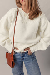 White Flower Detail Round Neck Contrast Textured Puff Sleeve Sweater