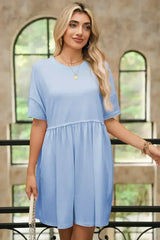 Sky Blue Solid Color Pocket Raw Edge Babydoll Dress - Femstylo