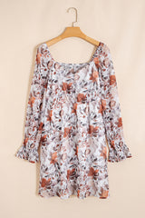 White Floral Print Sweetheart Neck High Waist Mini Dress