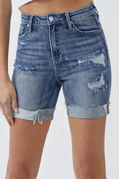 RISEN Full Size Distressed Rolled Denim Shorts with Pockets