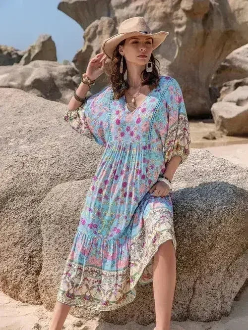 Printed Puff Sleeve Ruched Midi Dress - Femstylo
