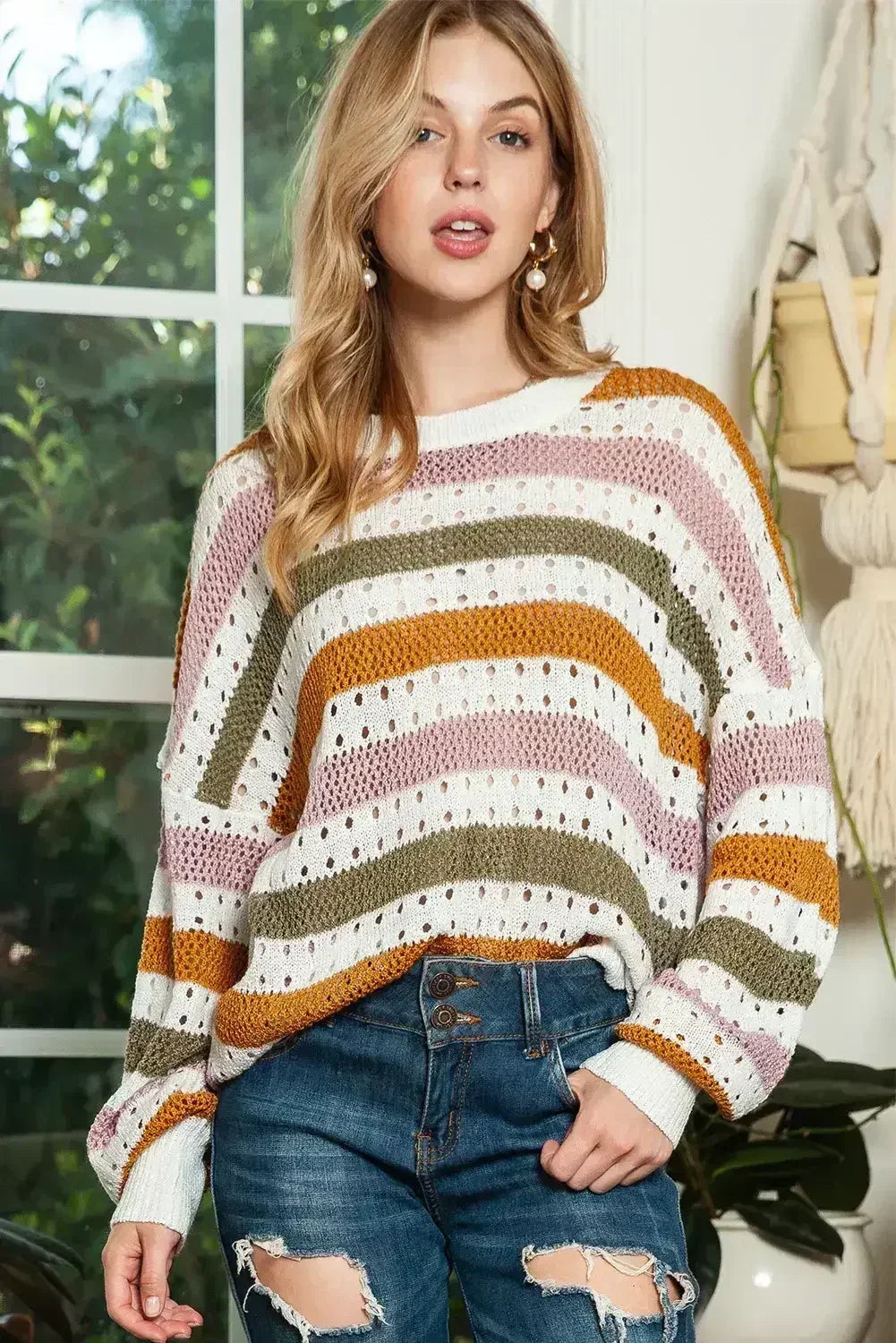 Multicolor Striped Hollowed Knitted Loose Sweater - Femstylo