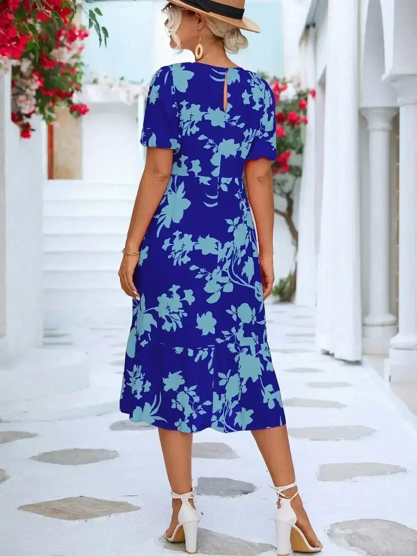 Floral Puff Sleeve Ruffle Hem Midi Dress - Femstylo