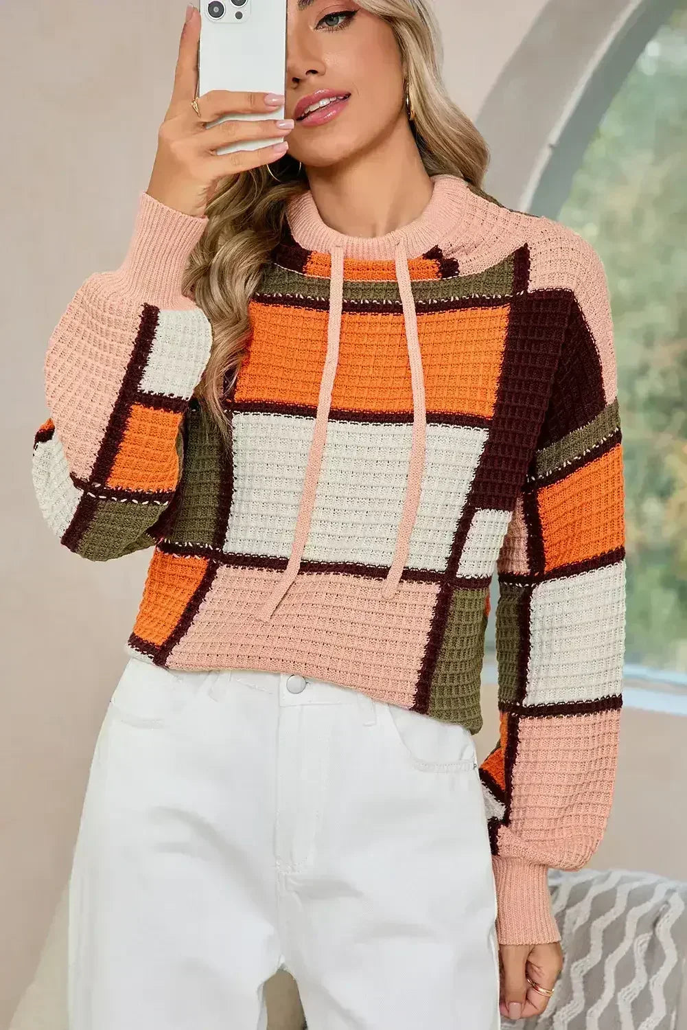 Orange Color Block Waffle Knit Drawstring Mock Neck Sweater - Femstylo