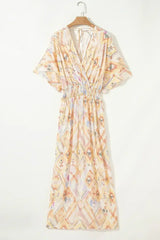 Multicolour Geometric Print Half Sleeve High Waist Maxi Dress - Femstylo