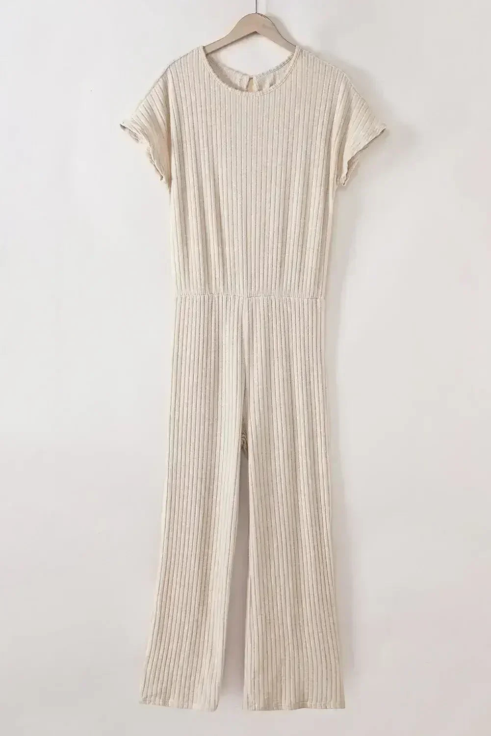 Rose Red Solid Color Ribbed Short Sleeve Wide Leg Jumpsuit - Femstylo