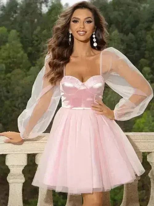 Sweetheart Neck Balloon Sleeve Mini Dress - Femstylo