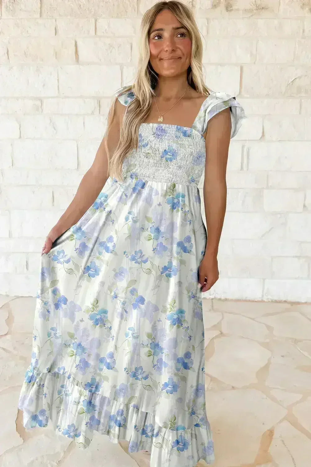 Sky Blue Floral Smocked High Waist Ruffle Sleeveless Long Dress - Femstylo