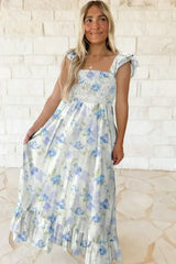 Sky Blue Floral Smocked High Waist Ruffle Sleeveless Long Dress - Femstylo