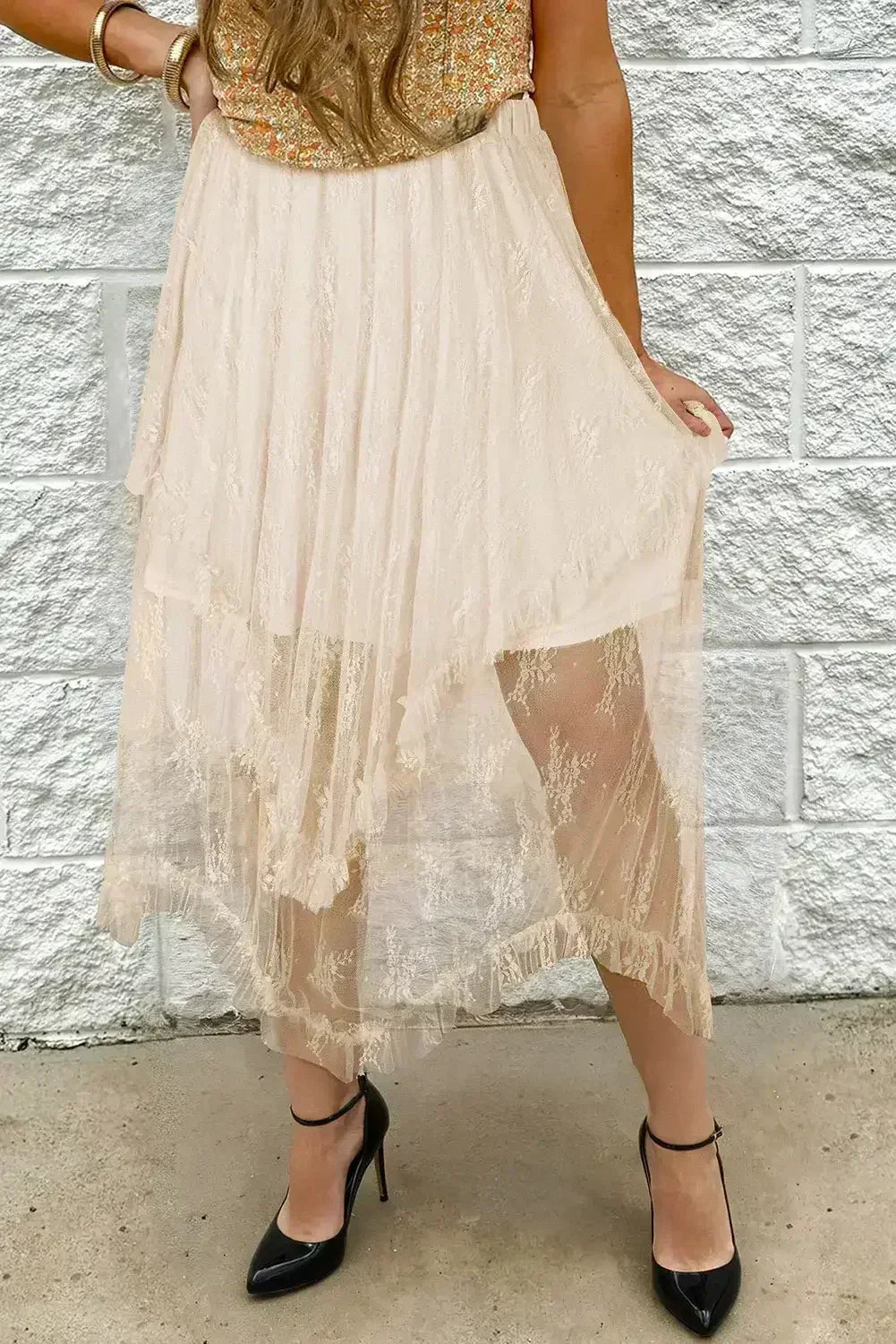 Beige Lace Cascading Tiered High Waist Maxi Skirt - Femstylo