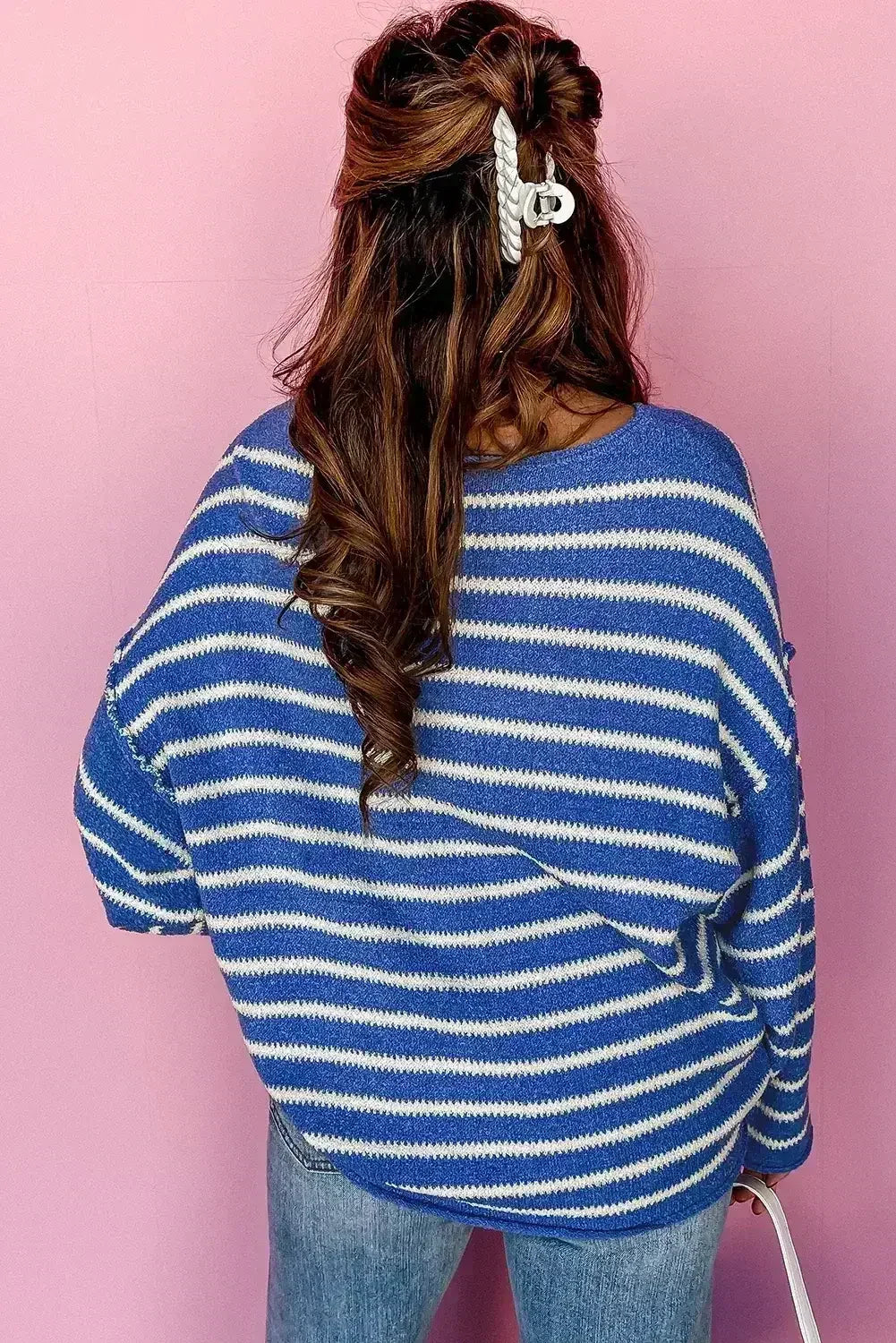 Brown Stripe Casual Round Neck Drop Shoulder Sweater - Femstylo
