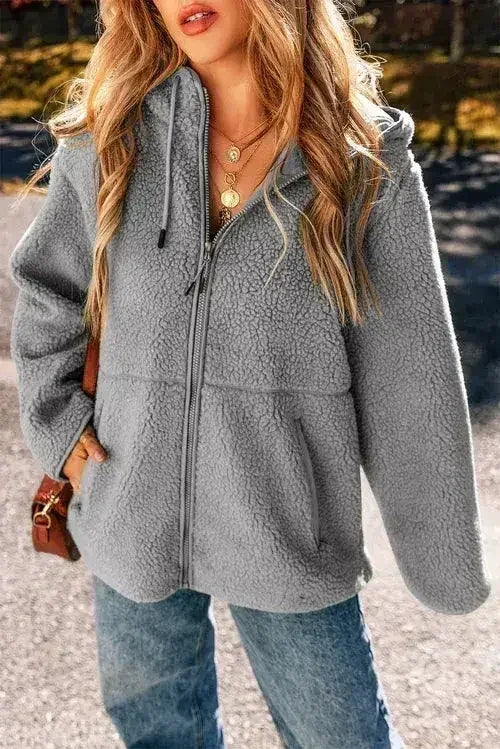 Pale Khaki Fleece Zip Up Drawstring Hooded Pocketed Jacket - Femstylo