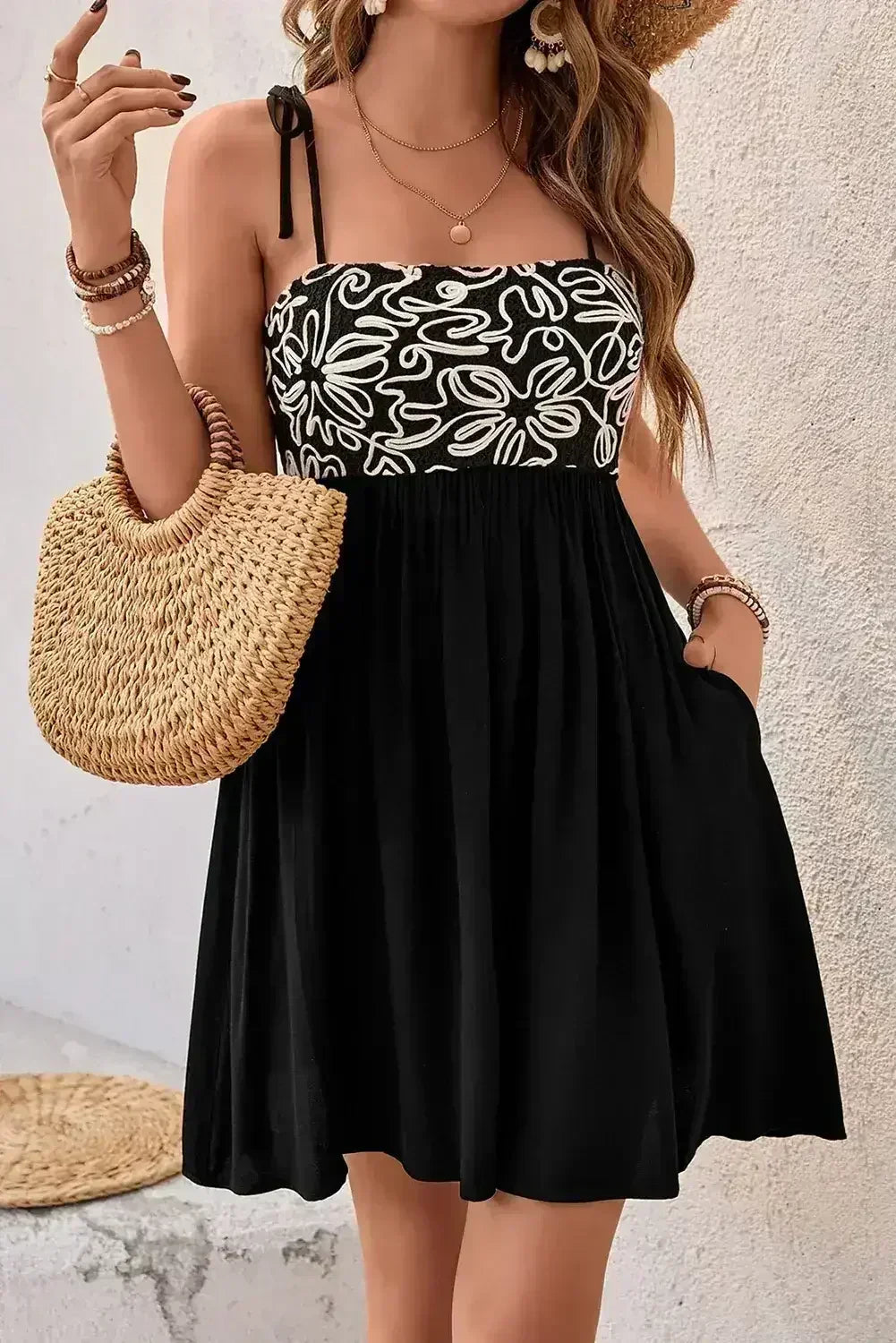 Black Floral Tie Straps Mini Dress - Femstylo