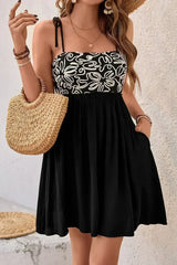 Black Floral Tie Straps Mini Dress - Femstylo
