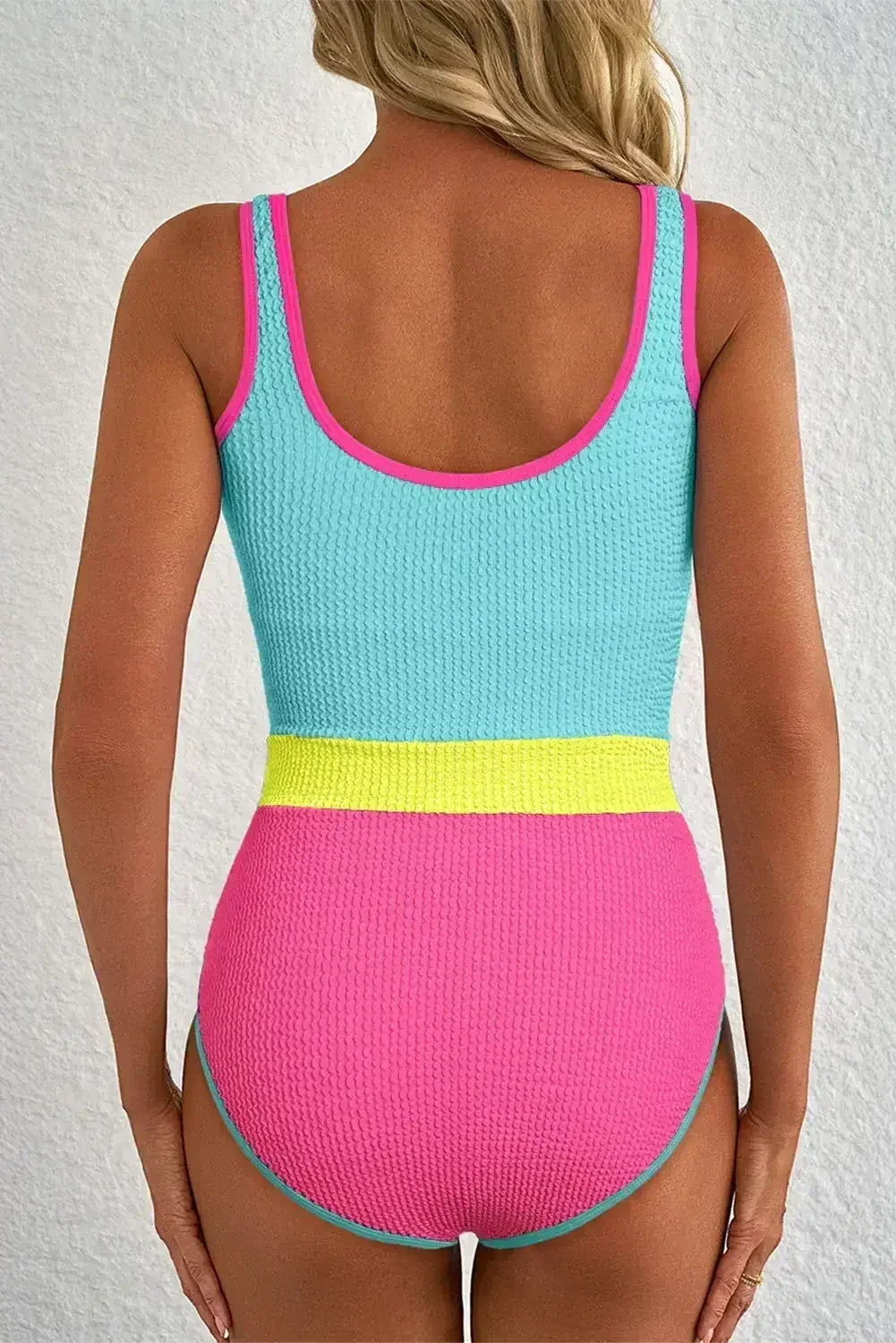 Rose Red Textured Colorblock One Piece Swimsuit - Femstylo