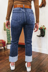 Real Teal Folded Cuffs Distressed High Waist Jeans - Femstylo