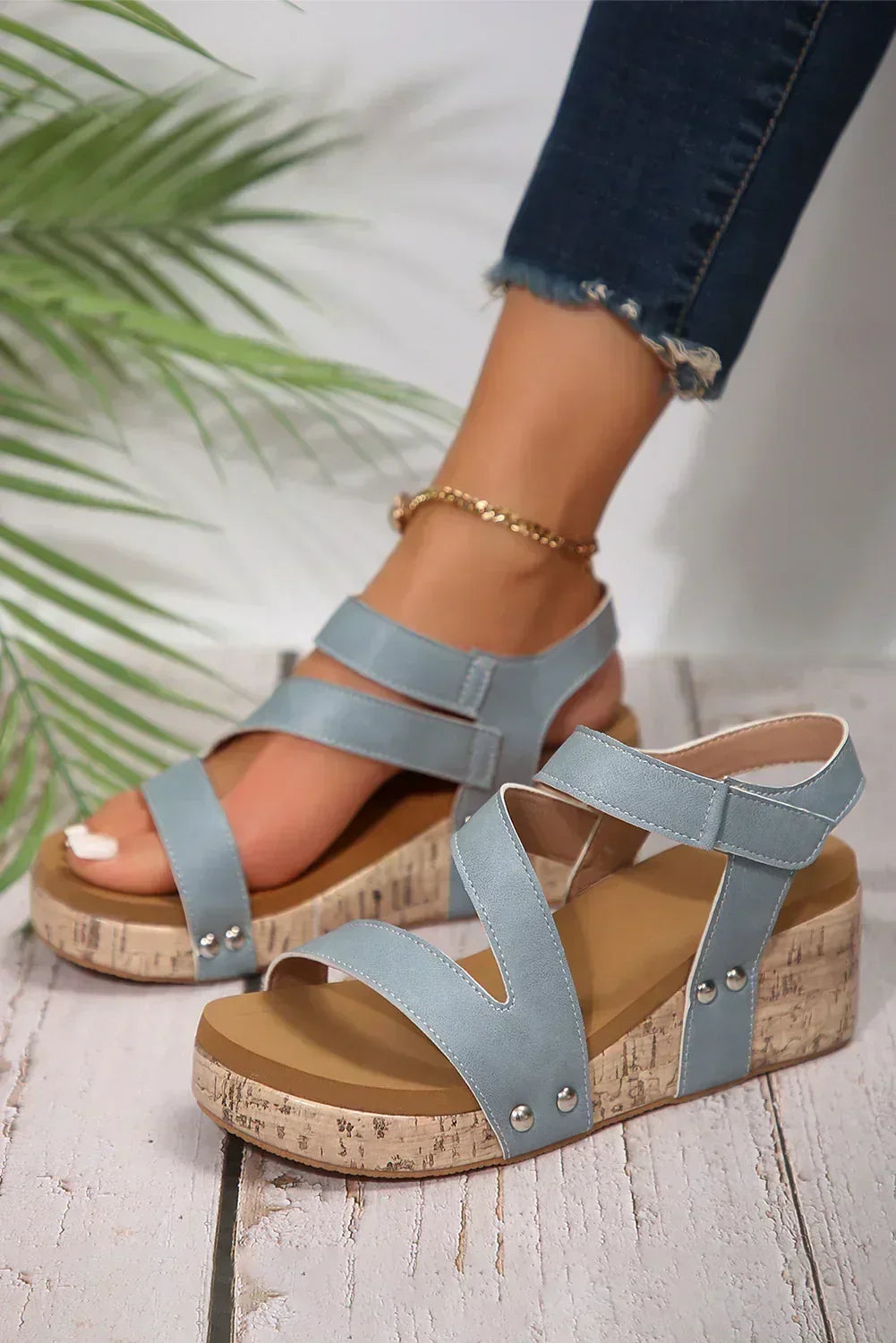 Chestnut Hollow Out Velcro Leather Wedge Sandals