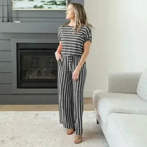 Stripe Jumpsuit Elastic Waist Back Keyhole - Femstylo