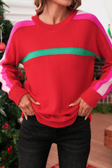 Fiery Red Colorblock Striped Long Sleeve Knit Sweater