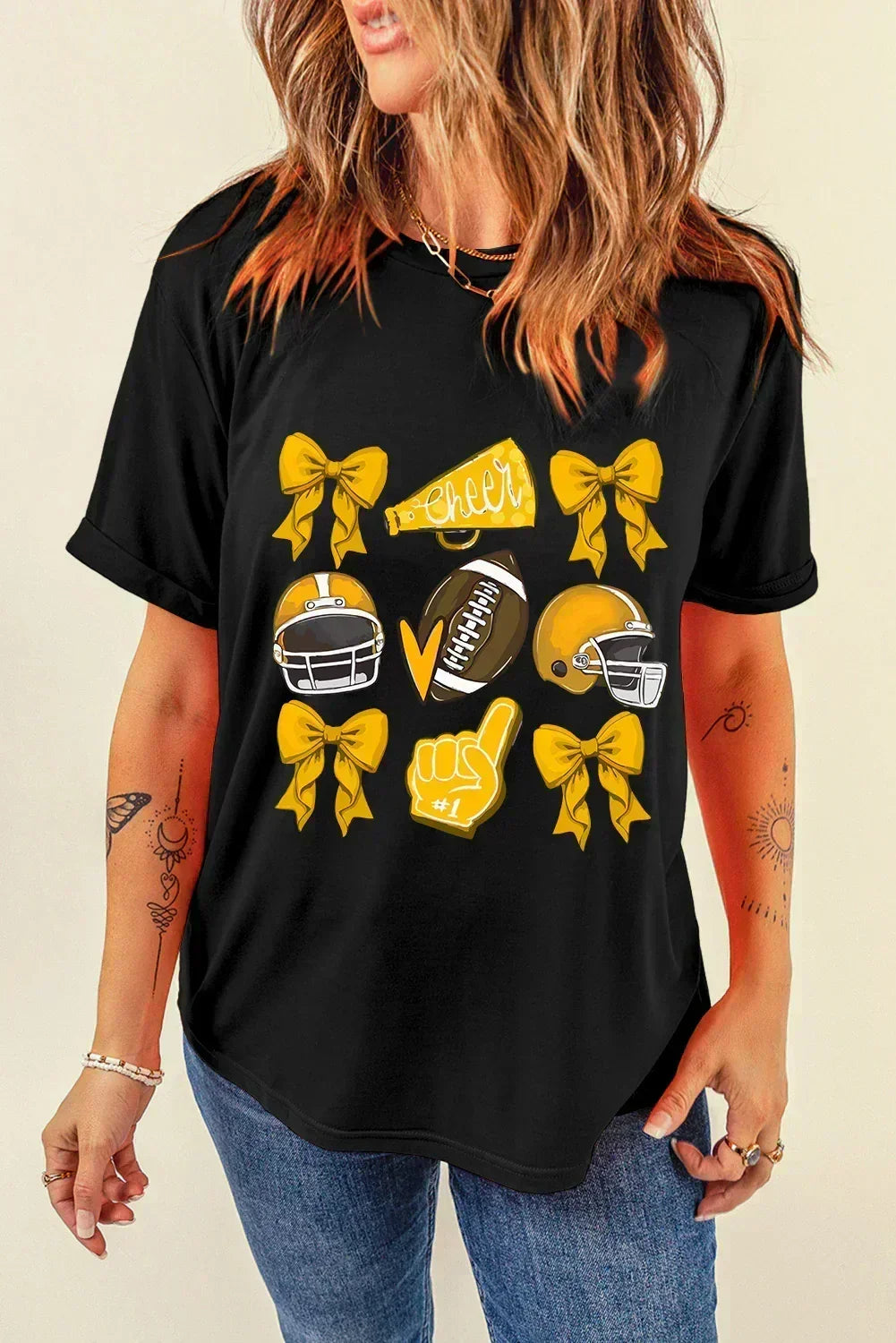 White Game Day Rugby Cheer Helmet Bow Graphic Tee