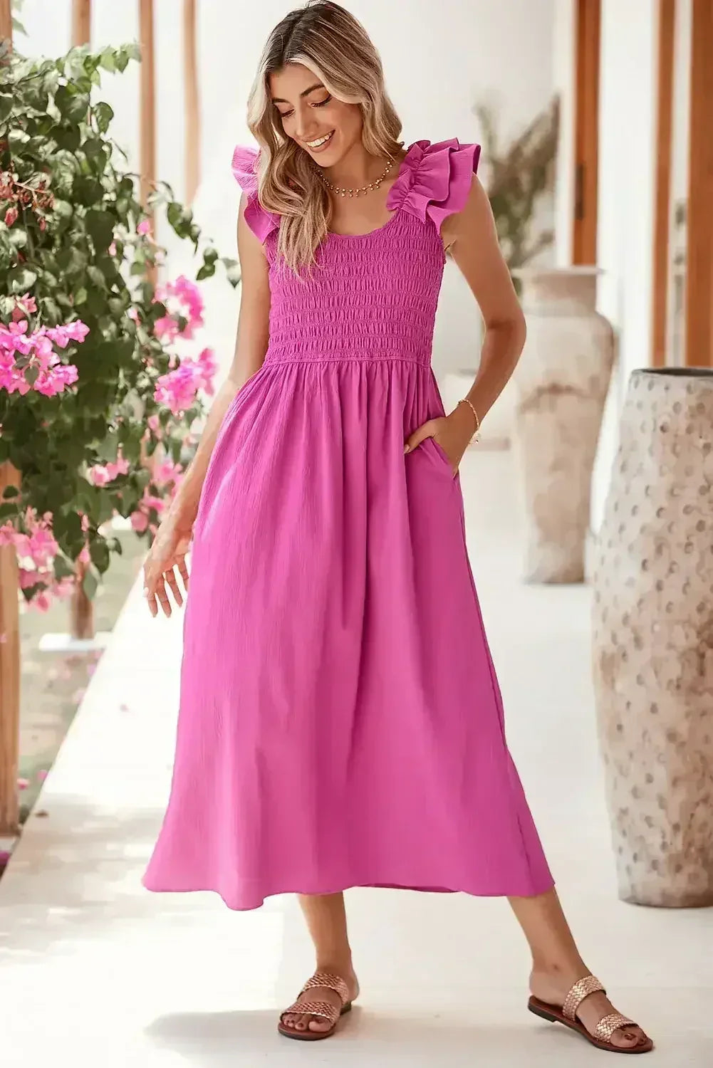 Rose Red Crinkled Ruffle Strap Smocked Midi Dress - Femstylo
