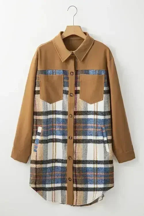 Khaki Plaid Patchwork Long Sleeve Mini Dress with Pockets - Femstylo